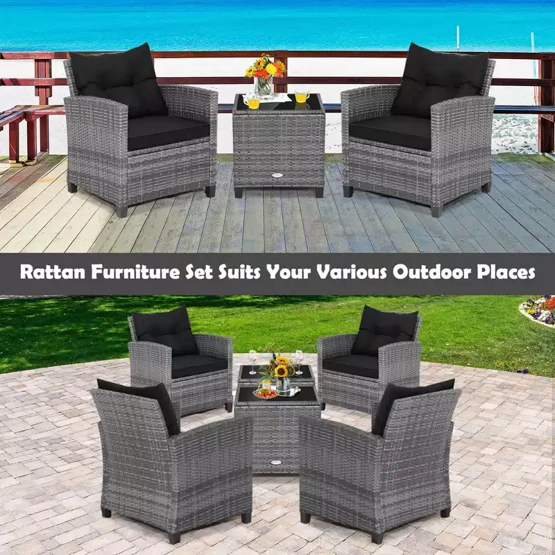 Costway 3PCS Patio Rattan Furniture Bistro Set Cushioned Sofas Side Table Armrest Red/Grey/Navy/Turquoise/Black