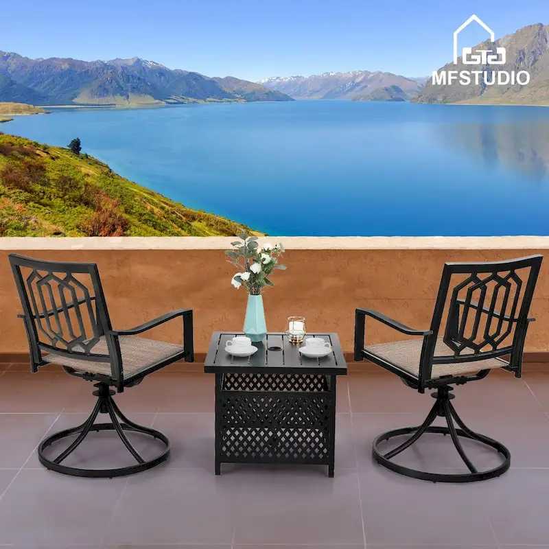 MAISON ARTS 3-Piece Patio Dining Set, 2 Textilene Metal Swivel Chairs and 1 x Wrought Iron Square Table with Umbrella Hole