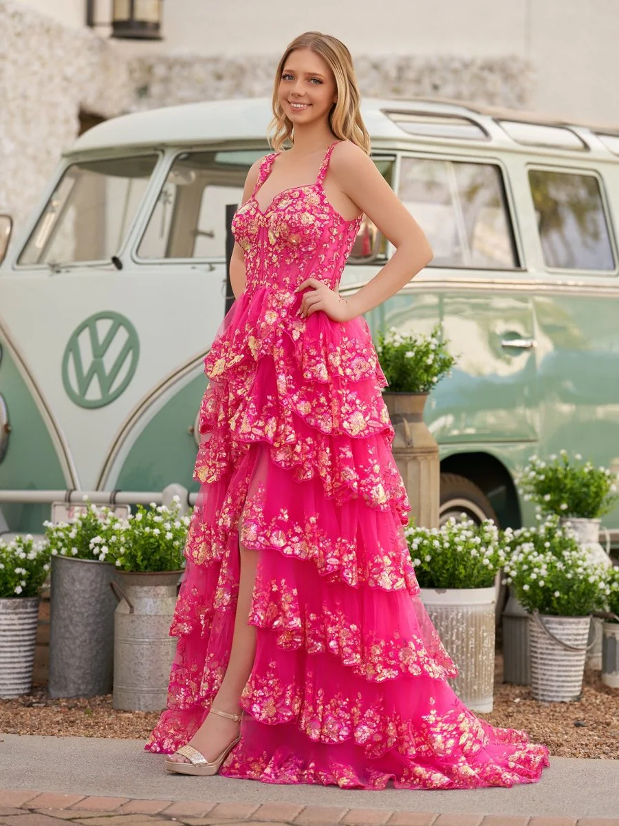 A-Line Lace Off-the-Shoulder Tiered Long Prom Dress with Slit