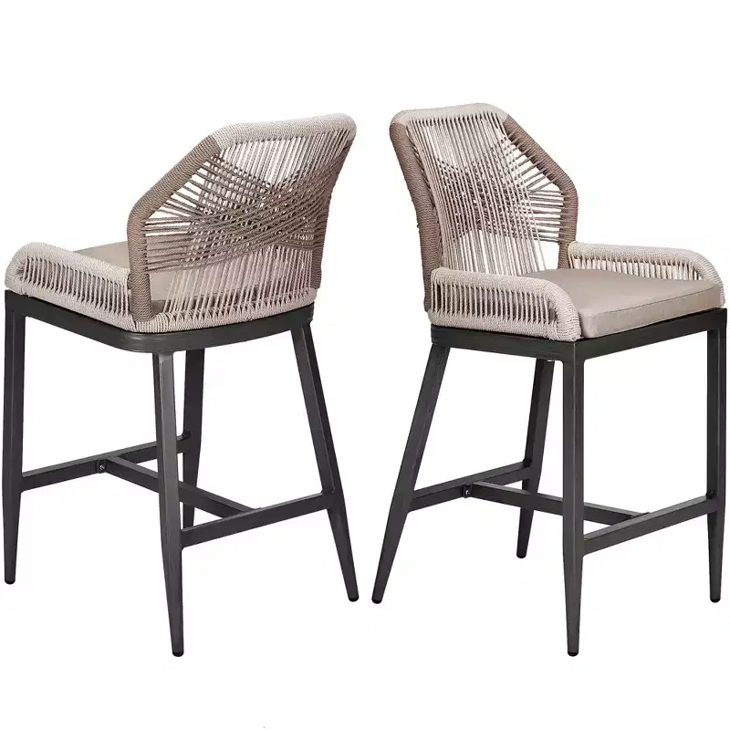 Outdoor Counter Height Bar Stools Chairs Set of 2, Rattan Garden Counter Stools with Aluminum Frame and Backrest, for Kitchen, Patio