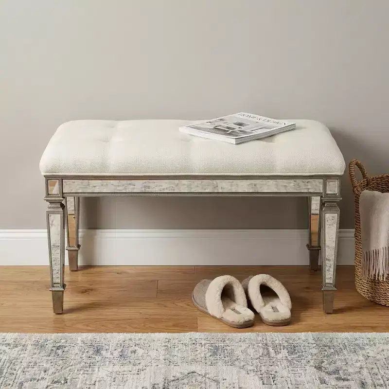 HomeRoots 42 Silver Upholstered 100% Cotton Entryway Bench