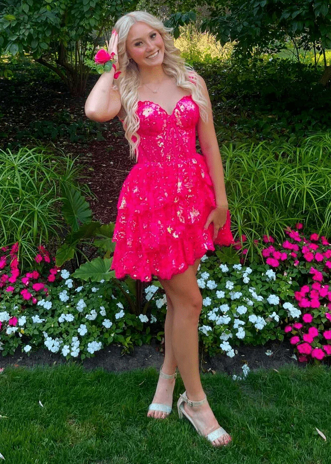 Fuchsia Gold - A-Line Sweetheart Tiered Short Homecoming & Cocktail Dresses