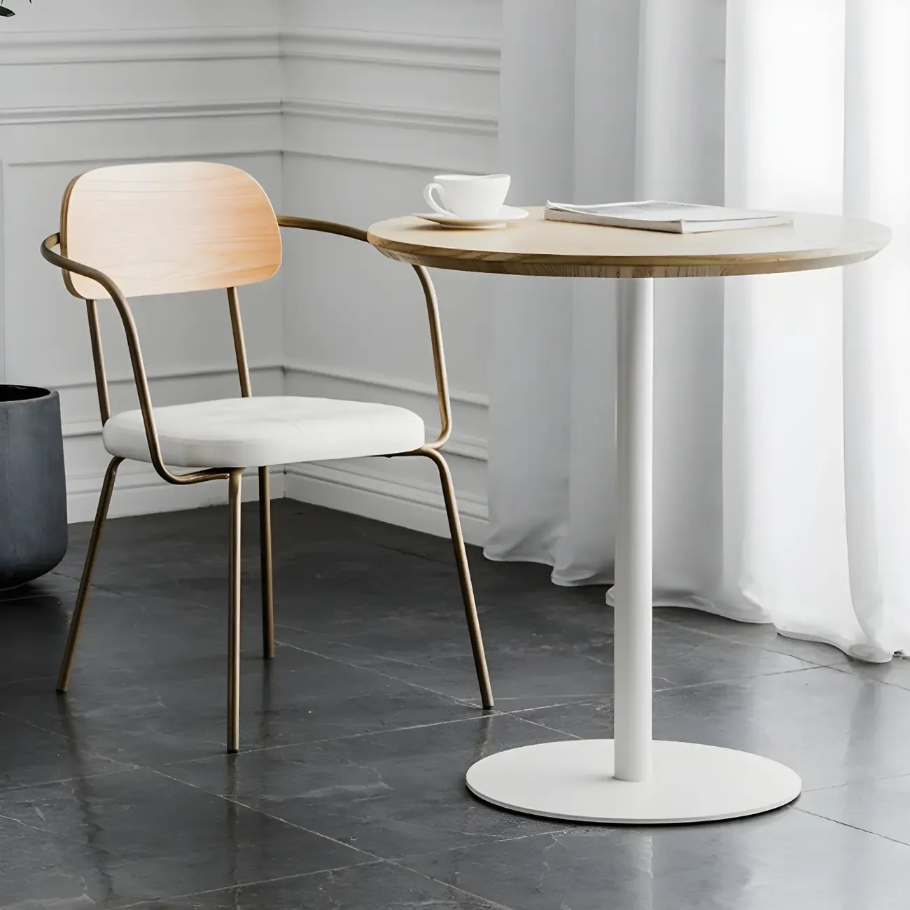 Modern Brown Wood Grain Black Metallic Pedestal Bar Tables