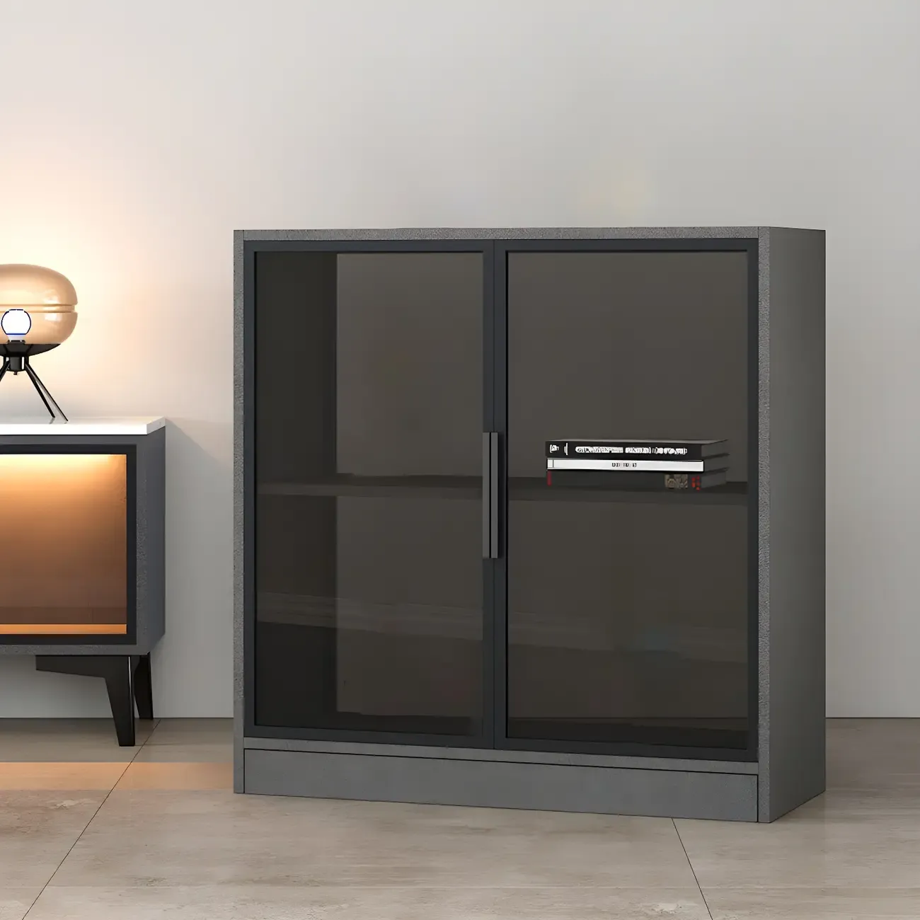 Square 2-Shelf Black Wooden Display Cabinet with Light