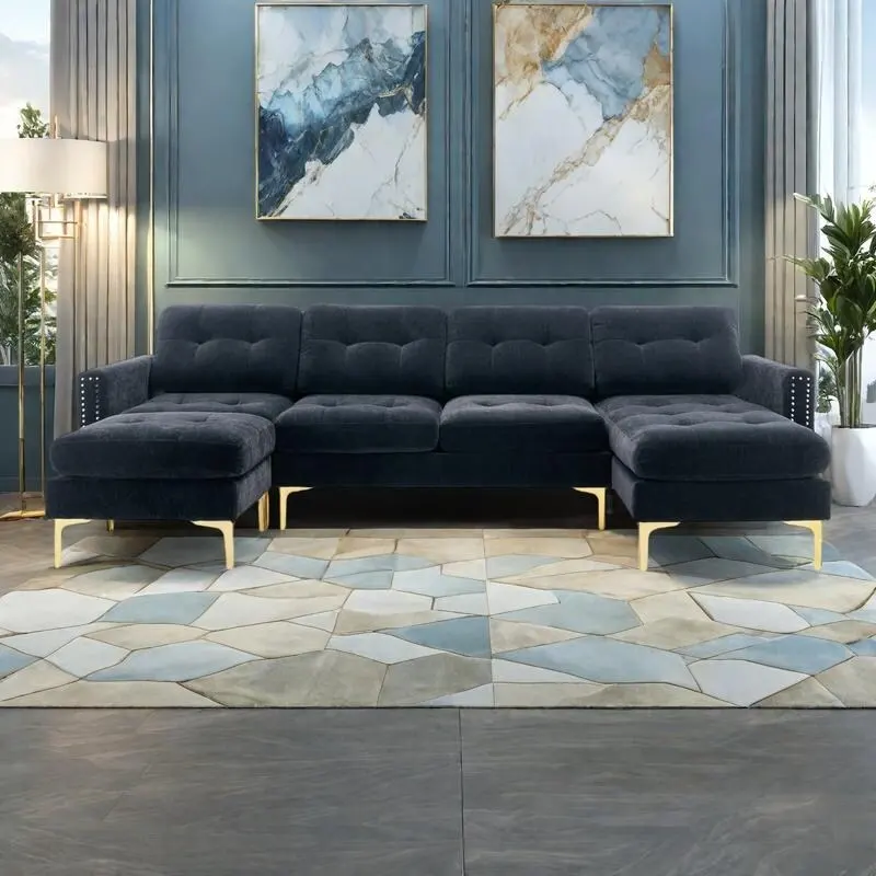 110.6 Velvet L-Shaped Sectional Sofa with Movable Ottoman and Storage Pockets