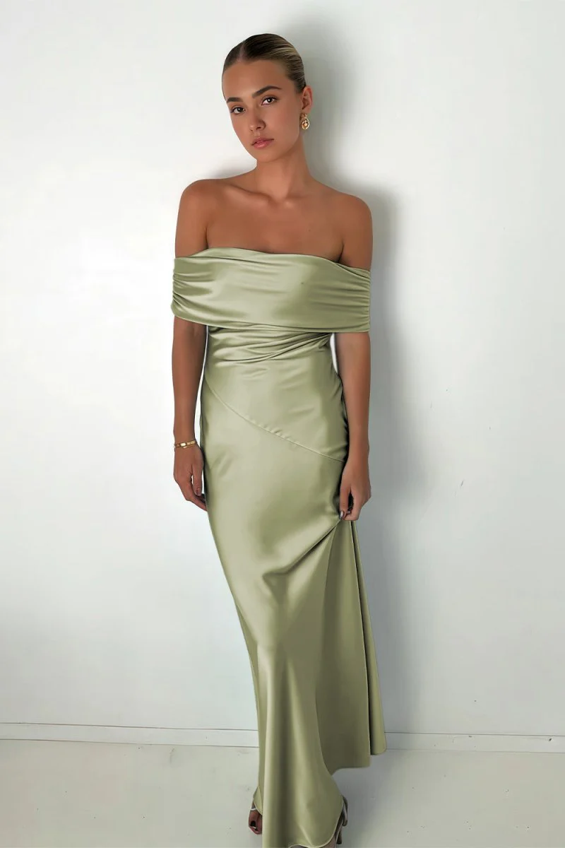 Aqua Sheath Off The Shoulder Satin Long Prom Dresses