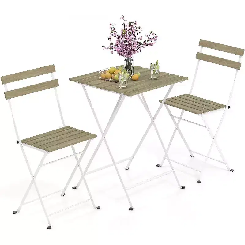 Gymax 3-Piece Acacia Wood Patio Bistro Set with Round Table & 2 Foldable Chairs Black + Brown/White + Gray