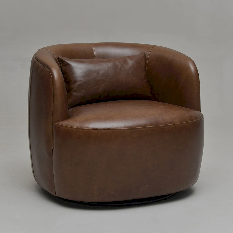 KINWELL Modern Top Grain Genuine Leather Swivel Armchair with Pillow