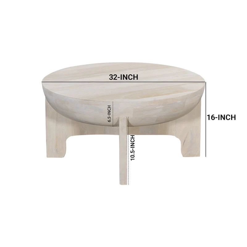 32-Inch Mango Wood Drum Top Coffee Table, Classic Washed White
