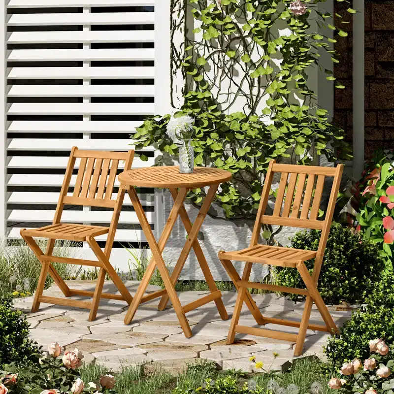 3-Piece Acacia Wood Bistro Set, Folding Patio Furniture with 2 Folding Chairs and Round Coffee Table, Slatted Finish, for Backyard, Balcony