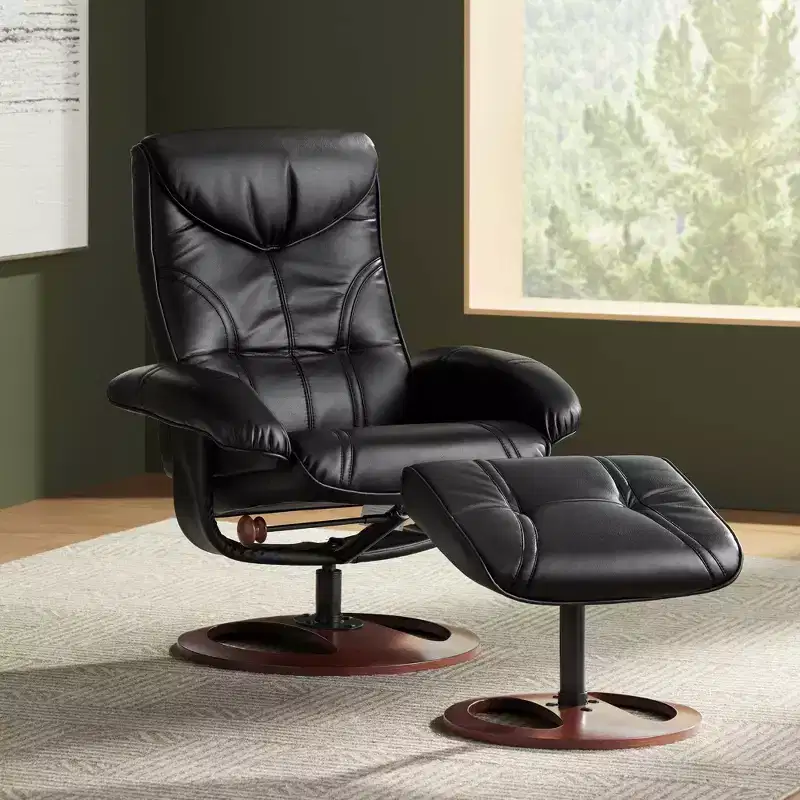 BenchMaster Black Swivel Ottoman Leather Recliner Chair Modern Armchair Ergonomic Manual Reclining Adjustable Bedroom Living Room