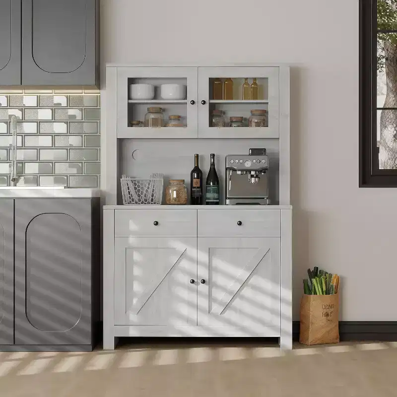 GustoWave Kitchen Pantry Storage Cabinet with Microwave Stand & Coffee Bar Cabinet, Freestanding Hutch Cabinet, Adjustable Shelves, Wash Grey