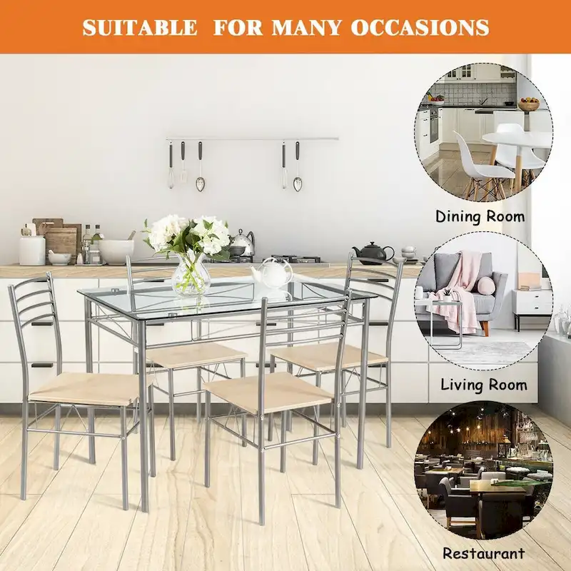 5 pcs Dining Set Glass Table and 4 Chairs