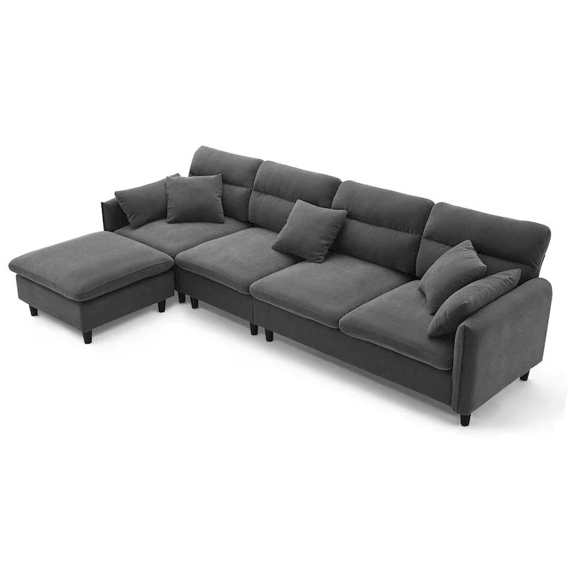 110 Modern L-Shaped Convertible 5-Seat Sectional Sofa with Removable Ottoman and 5 Cushions, Plush Chenille Fabric