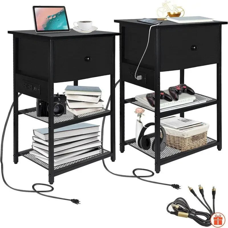 Black Wood Top Nightstand with Charging Station, Single