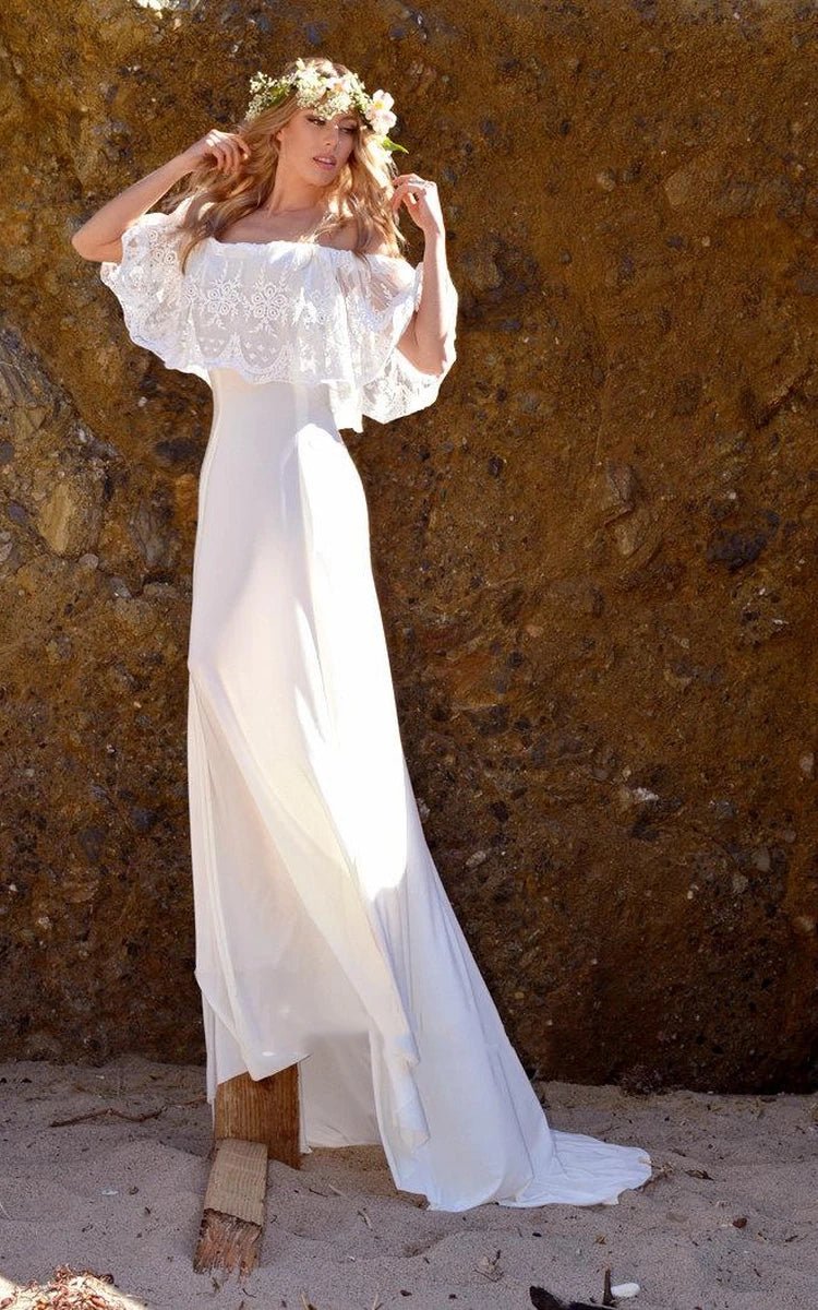 Off-The-Shoulder Lace Jersey Dress With Embroideries Ruffles