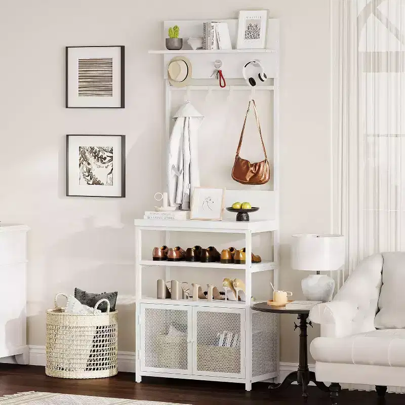 Acekool Hall Tree with Doors, 72.8in Narrow Coat Rack & Shoe Storage, Entryway Organizer with 7 Hooks, Shelves & Mesh Cabinet, White