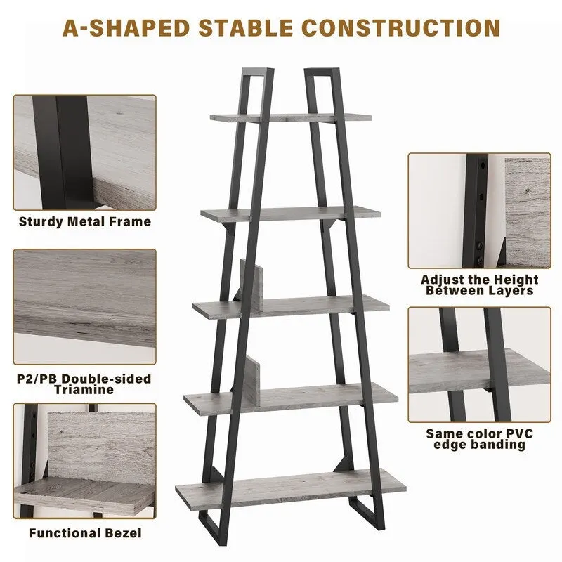 5-Tier Industrial Bookshelf with Metal Frame