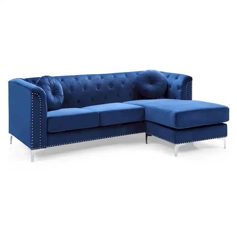 Velvet Button-Tufted Sofa with Reversible Chaise for 3-4 People