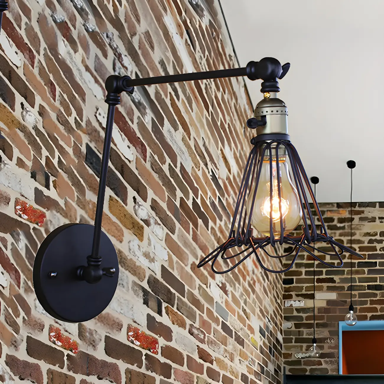 Industrial Black Wire Cage Swing Arm Wall Light