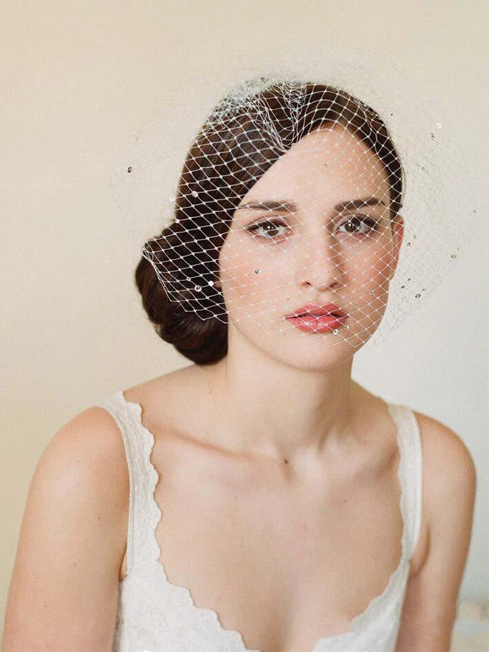 Vintage Ivory Mesh Birdcage Wedding Veils with Tiny Crystals
