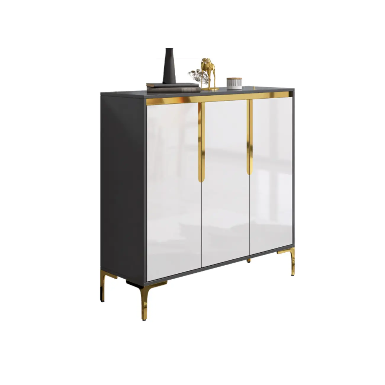 Entryway Wood Large Shoe Cabinet with Gold Accents