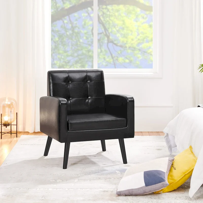 Modern faux leather upholstered armchair with solid wood legs - 28.5 29 33