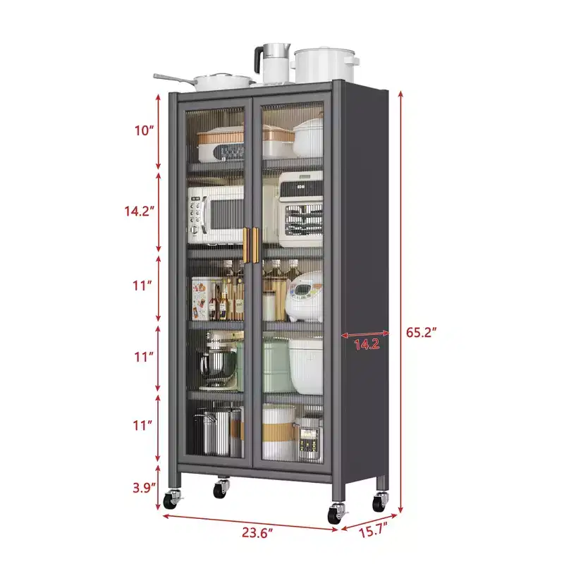 Kitchen Pantry Cabinet,Freestanding Pantry Storage Cabinet with Alloy Wheels, Load Capacity Food Pantry Cabinets Grey One Size