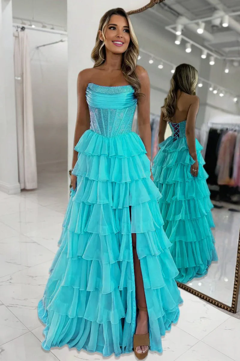 Aqua - A Line Strapless Chiffon Beaded Corset Long Prom Dress With Slit