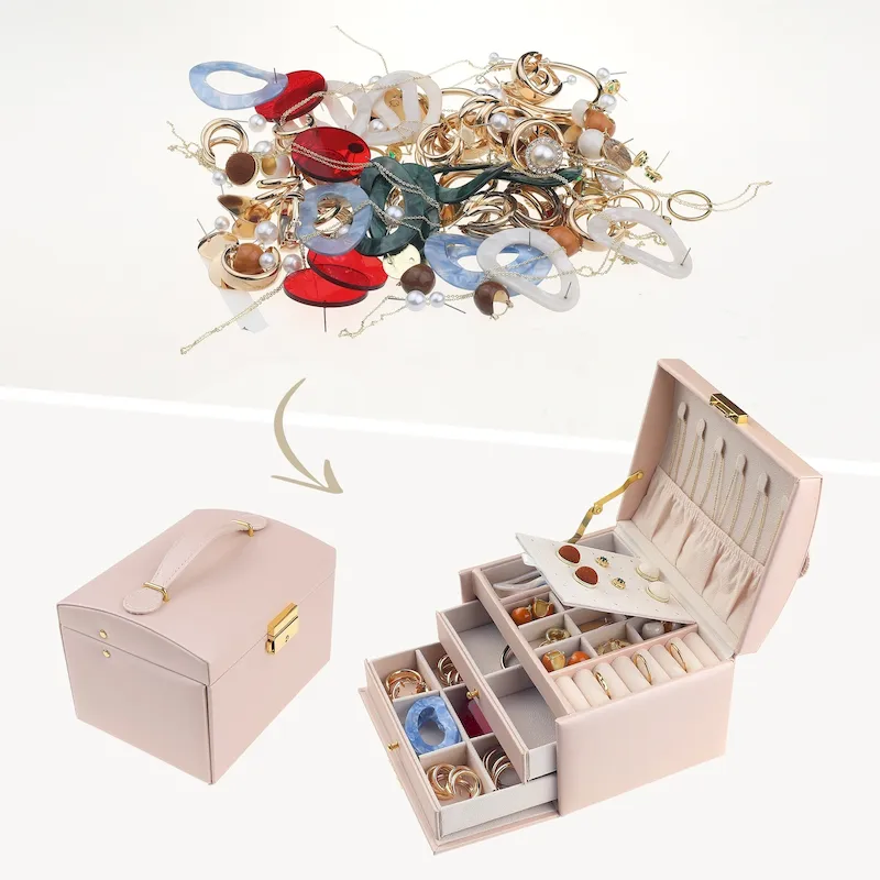 3 Layer Jewelry Box for Women, PU Leather Jewelry Organizer Case Storage Display Holder with Drawer, Removable Jewelry Tray