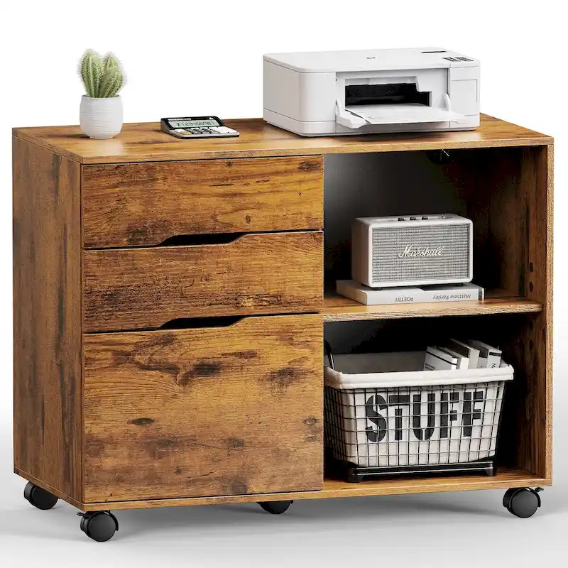 Rustic Brown / Black / White Mobile File Cabinet with 3 Drawers & 2 Open Shelves – Single User