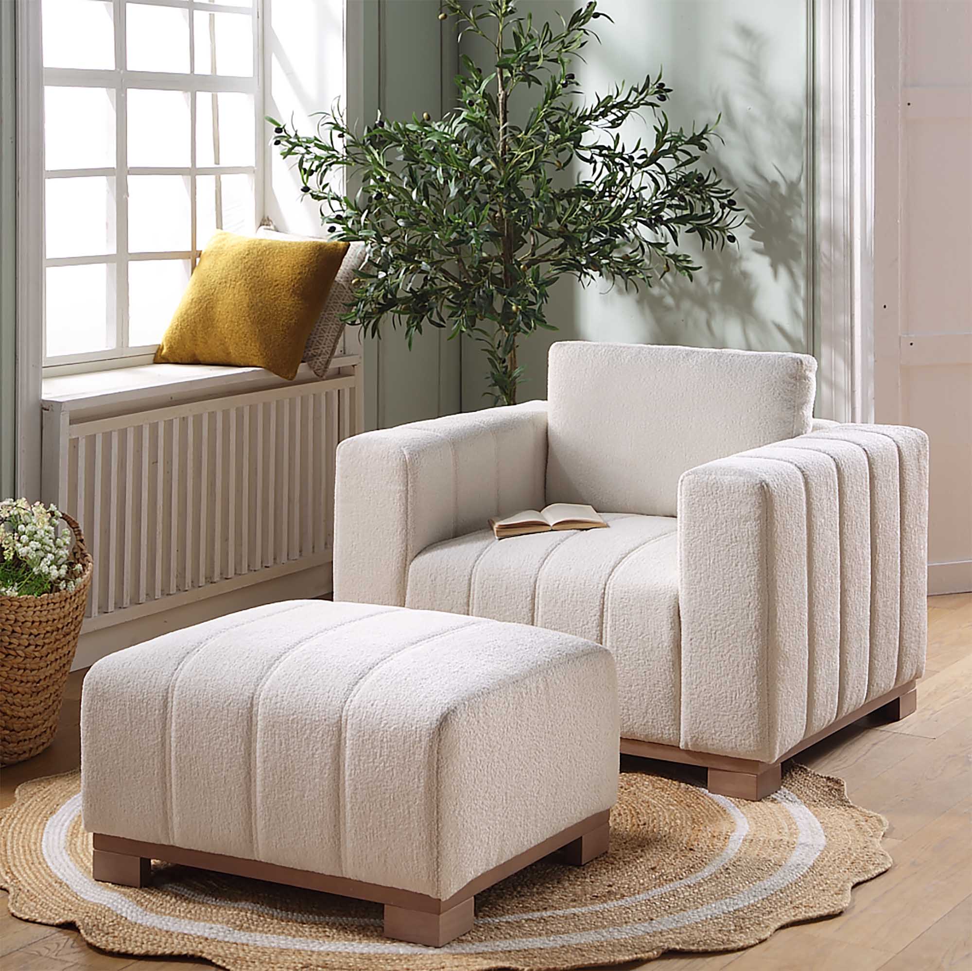 Beige Boucle Sofa with Wooden Base, 1-Seater