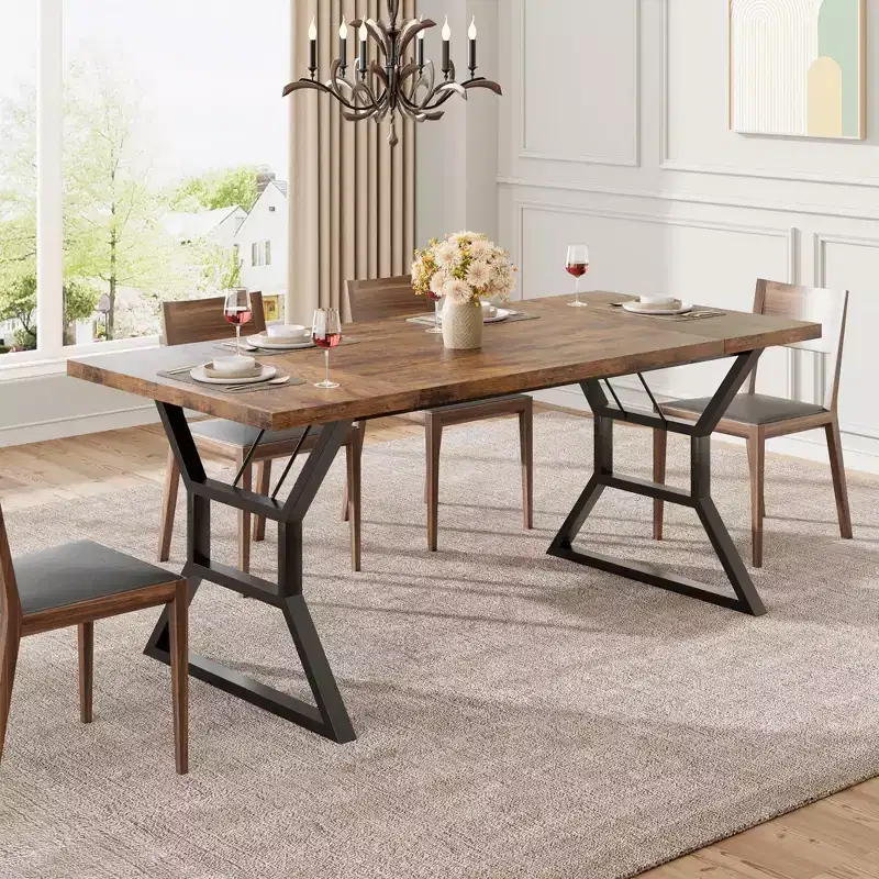 70.9 Large Dining Room Table for 6, Rectangular Kitchen Table with Heavy Duty Metal Legs, Farmhouse Wooden Dining Table for Big Family