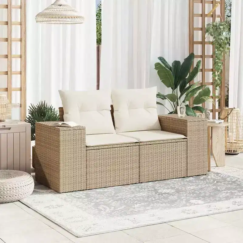 vidaXL Garden Sofa Beige Poly Rattan 2-Seater Adjustable Legs