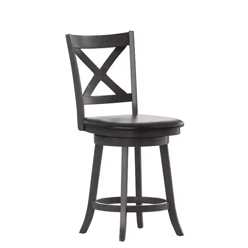 Merrick Lane 24 Classic Wooden Crossback Swivel Counter Height Pub Stool with Upholstered Padded Seat and Integrated Footrest