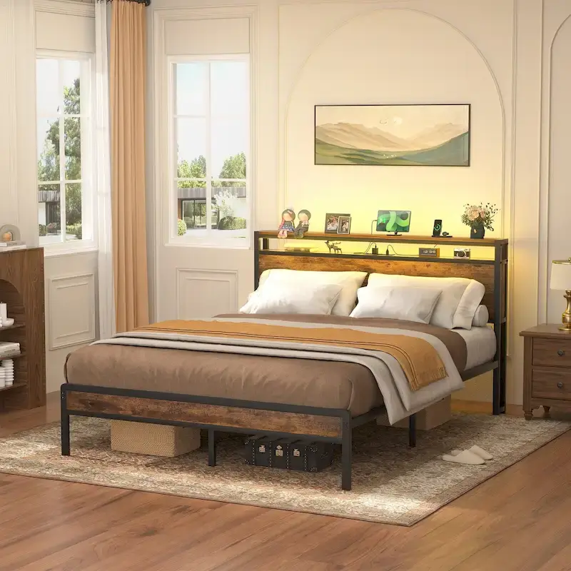 Brown/Grey/Black Platform Bed Frame with Storage Headboard & LED, Full/Queen/King