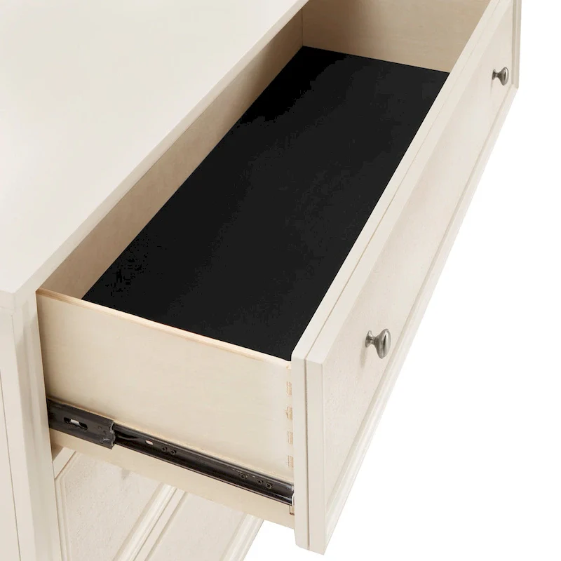 White Finish 3-Drawer Dresser with Beige Linen Upholstered Drawer Faces & Soft-Close Glides