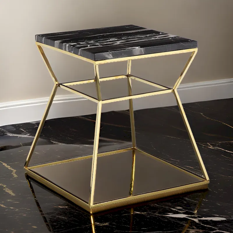 Lio 18 Inch Side End Table, Black Marble Top, Gold Open Hourglass Frame