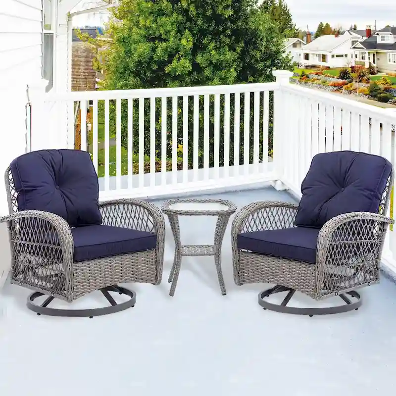 3 Pieces Rattan Outdoor Swivel Rocker Patio Chairs With Glass Coffee Table