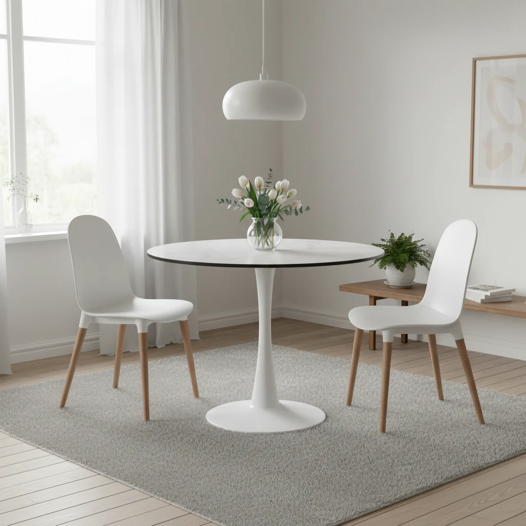 Bristol 31 Modern Round Dining Table with Sintered Stone Top & White Stainless Steel Pedestal Base for Dining Room and Kitchen