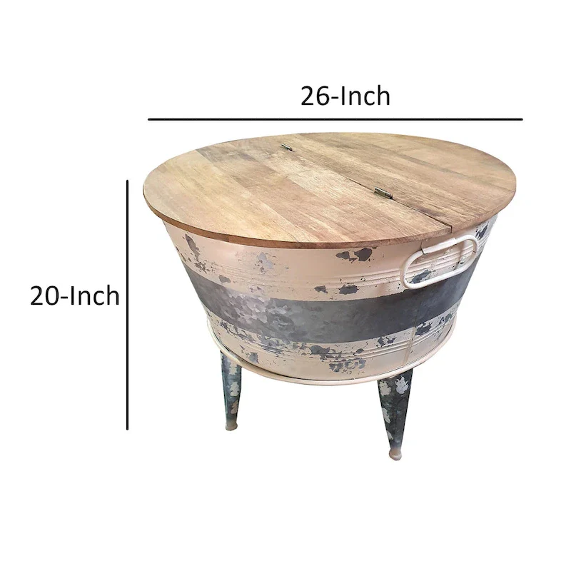 26 inch Accent Round Cocktail Table, Tub Like Iron Base, Brown, Gray, Washed White