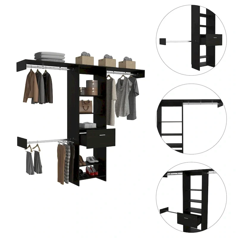 Cross Closet System with Drawer, 3 Metal Rods, and 5 Open Shelves