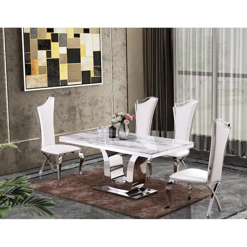 Luxe White Genuine Marble Dining Table with Chairs