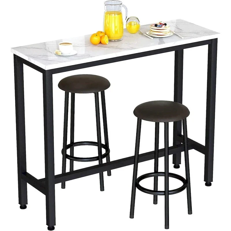 3 Piece Kitchen Pub Dining Set, Modern Faux Marble Counter Height Bistro Bar Table Set with 2 PU Leather Bar Stools