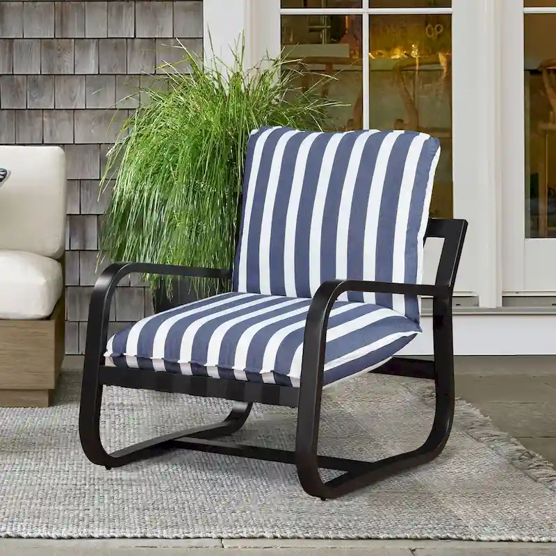 Auburn Outdoor Sling Chair Upholstered in Blue and White Stripe Fabric by Greyson Living