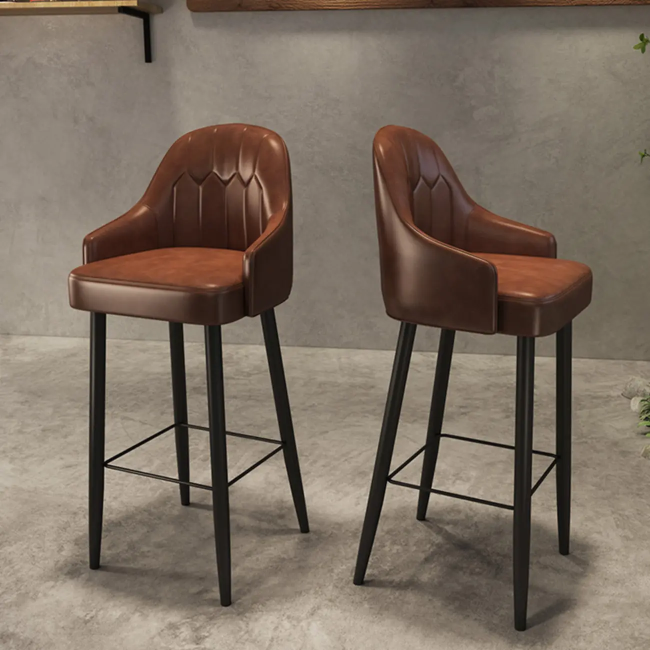Mid-century Modern Saddle Brown Bucket Upholstered Leather Bar Stools