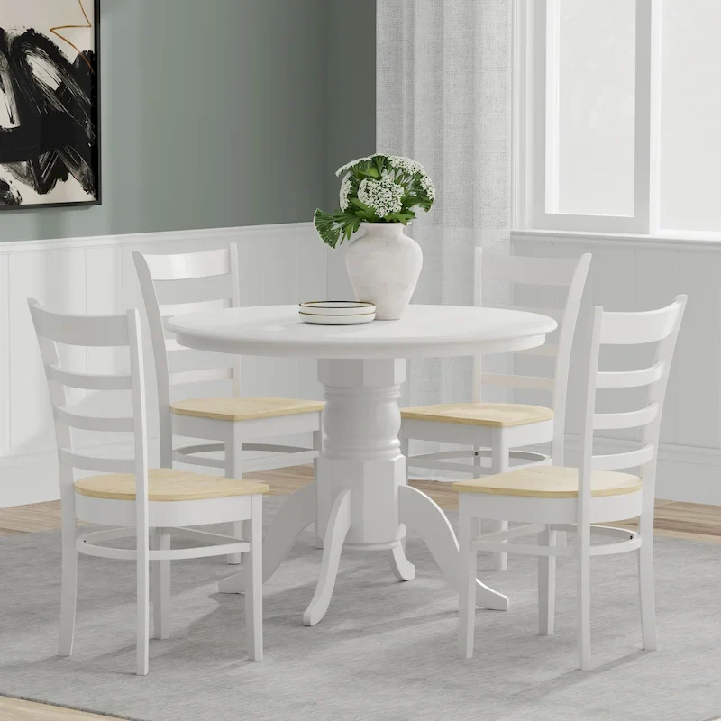 5-Piece Dining Set, 42 Round Pedestal Table and Slat Back Chairs