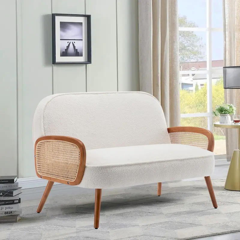 Teddy White 2-Seat Loveseat with Natural Rattan Arms, Mid-Century Modern Style