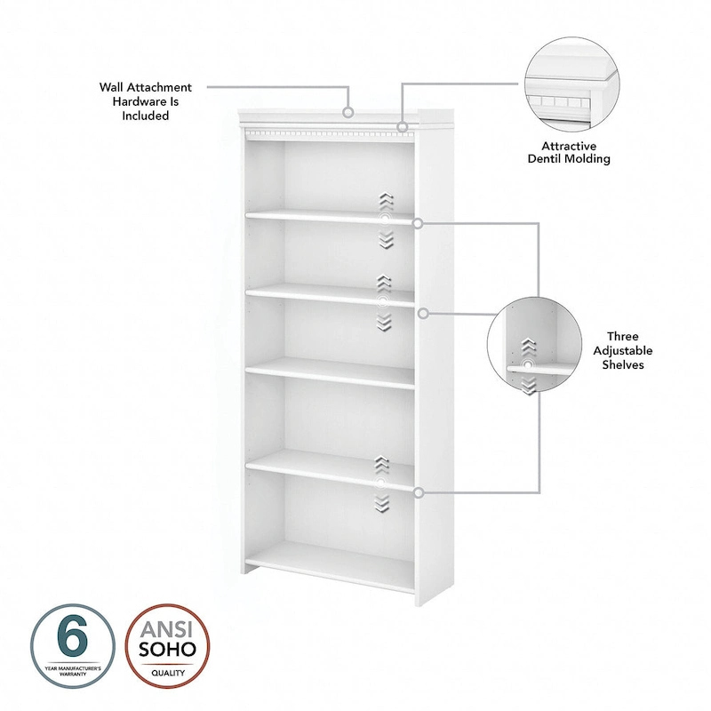 Fairview Antique White 5-shelf Bookcase - Antique - 29.57 L x 12.09 W x 68.94 H