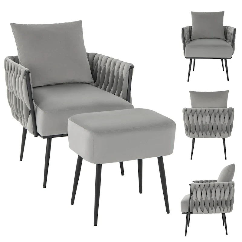 Gymax Modern Dutch Velvet Accent Chair & Ottoman Set Single Leisure